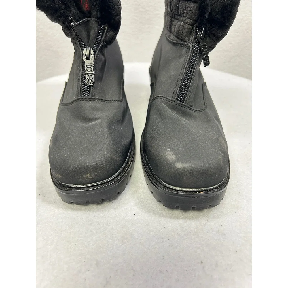 Totes Zippy Silkatex Winter Boots Womens 8 Black Faux Fur Trim Front Zip Quilted
